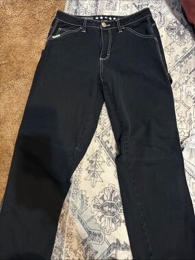 Women's Straight-Leg Black Jeans with White Stitching